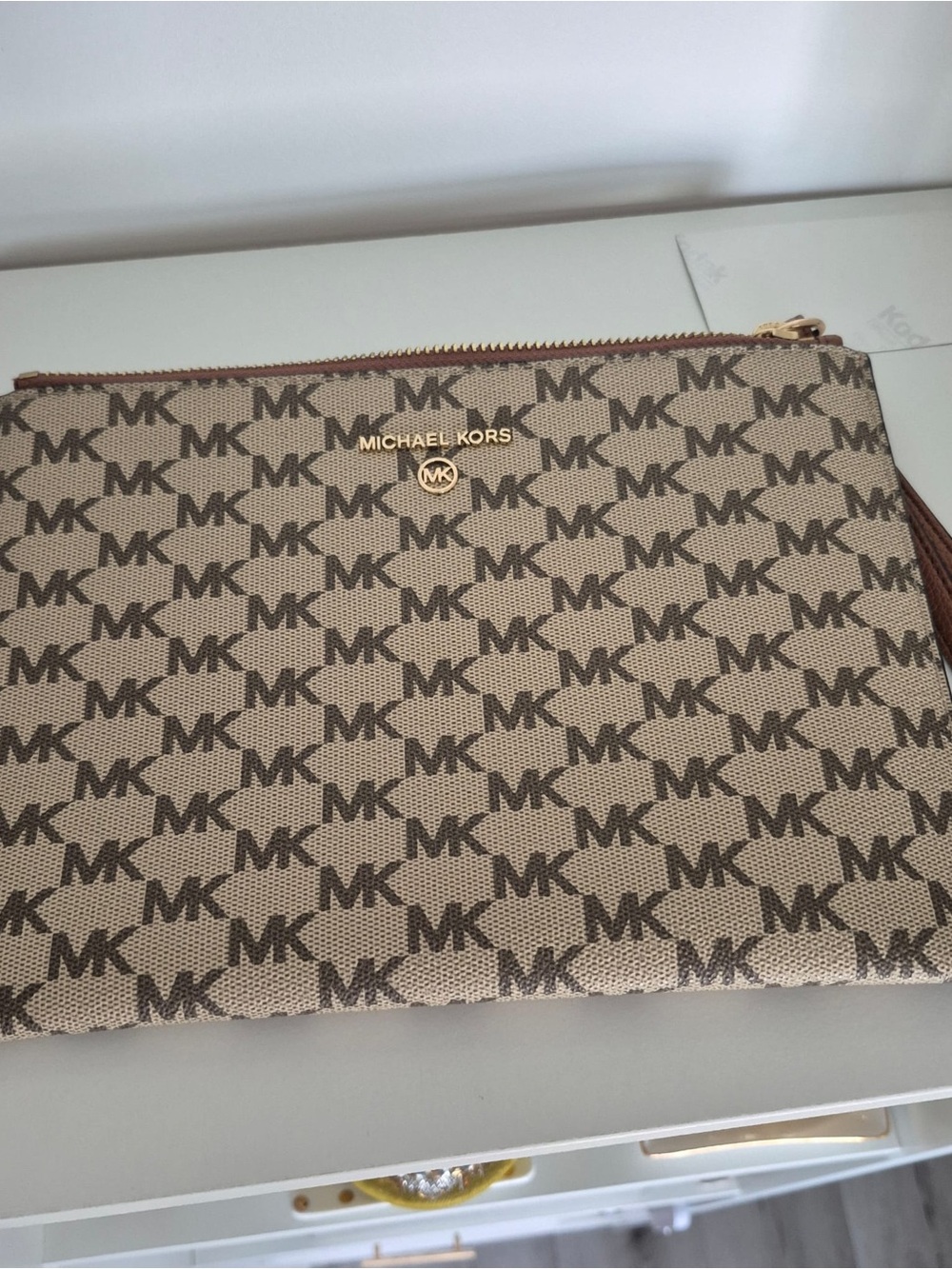 Michael Kors - Brown Tan Signature MK Zip Bag with Gold Hardware